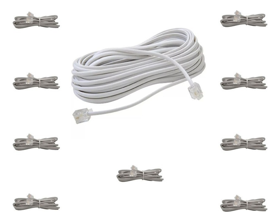 Kit 10 Cabos Liso Fio Chato Telefone E Fax Branco 3 Metros